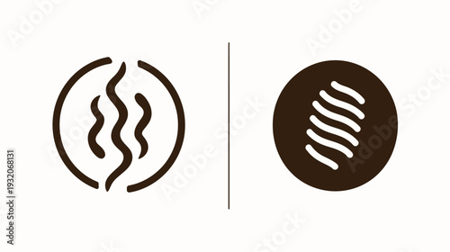 A symmetrical design with two distinct elements one circle split with waves, and a circle with more waves