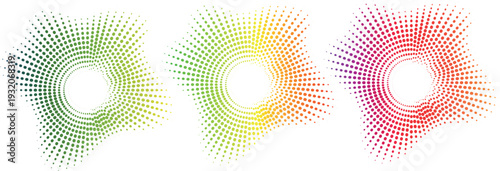 Radial Sound Wave Equalizer Neon Gradient Dot Icons, Vibrant halftone circular music equalizer frames for audio and digital design