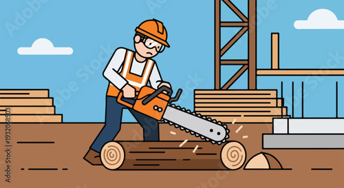 A cartoon construction worker wearing a hard hat and safety glasses diligently uses a chainsaw to cut a log on a job site.