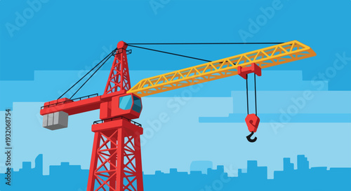 A cartoon-style tower crane, colored red and yellow, with a hook, rises above a simplified blue city skyline under a clear sky.