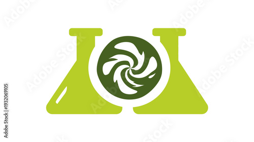 A lime green stylized logo of two flasks flanking a dark green circle with a swirling, abstract center