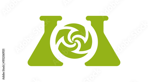 Stylized emblem featuring two flask shapes flanking a spiral design, all in green on a white background