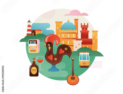 Portugal touristic attractions, landmarks and symbols colorful banner, poster and postcard background.