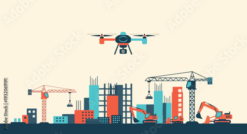 A vibrant vector illustration showcases a bustling construction site with cranes and excavators, overseen by a modern drone in the sky.