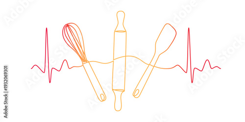 One line drawing of heartbeat combined with baking tools: rolling pin, whisk, and rubber spatula.