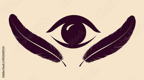 A stylized eye, bordered by two feathers on a neutral background