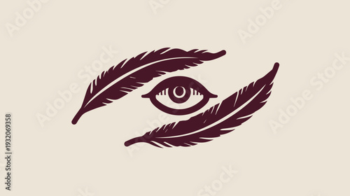 A cream-colored backdrop hosts a burgundy eye and two feathers. Composition suggests contemplation