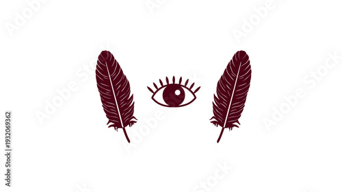 Simplified illustration of an eye between two stylized feathers, against a white background