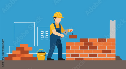A construction worker in a hard hat and overalls is diligently laying bricks to construct a wall, with piles of bricks and a bucket of mortar nearby against a backdrop of urban building outlines.