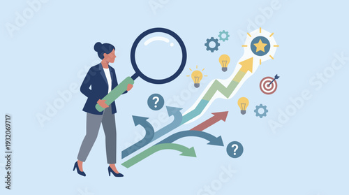 Businesswoman using a magnifying glass to analyze different paths and choices for success, discovering opportunities and strategic directions with ideas and goals for business growth and vision.