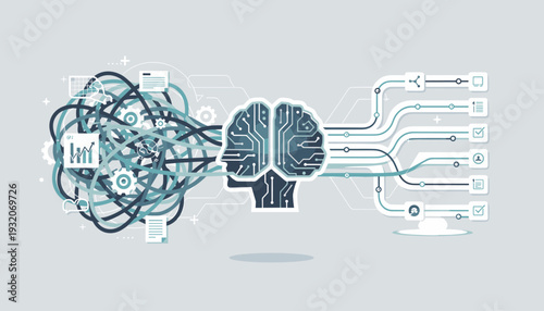 Artificial intelligence and machine learning concept showing a digital brain processing complex tangled data into organized structured solutions for business efficiency and smart problem solving.