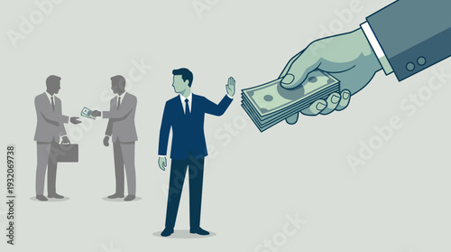 Honest Businessman Refusing a Bribe from a Giant Hand, Concept of Integrity, Ethics, and Anti-Corruption, Professional Rejecting Illegal Money while Others Make Shady Deals Illustration.