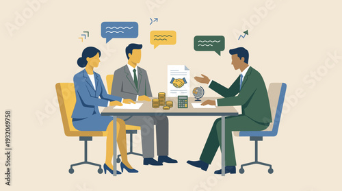 Business people in suits discussing terms of a contract and financial deal at a meeting table with coins, calculator, and globe icons, representing global trade, partnership, and agreement.