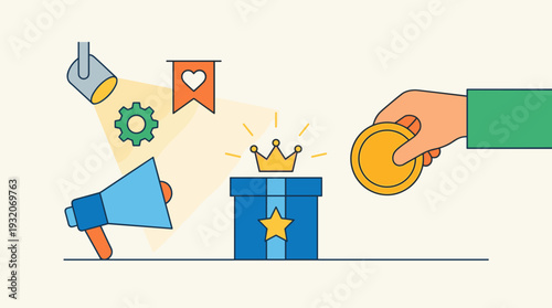 Business branding and marketing advertising promotion concept with customer hand holding money coin for buying premium product or service, megaphone for announcement, and gift box with crown star.