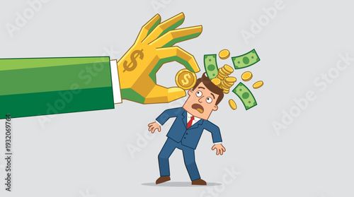 Flat vector illustration of a giant golden hand hitting a shocked businessman on the head with a dollar coin, causing money to spill out, representing bribery, greed, and corporate corruption.