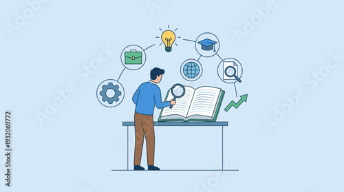 Man using magnifying glass to study book for career development and education. Icons of lightbulb, briefcase, graduation cap, and globe represent professional skills, knowledge, and growth.