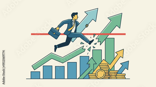 Businessman in suit jumping over red line to surpass sales targets and achieve financial growth. Illustration of professional breaking barriers to reach success and high revenue for company.