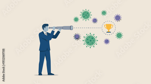 Businessman in suit looking through a telescope at a golden trophy cup amidst floating virus pathogens, representing business vision, strategy, and success during a pandemic or health crisis.