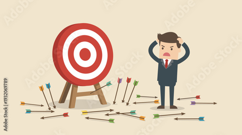 Frustrated Businessman Standing Next to a Target with Many Missed Arrows on the Ground, Representing Business Failure, Poor Strategy, and the Challenge of Reaching Goals in a Competitive Market.