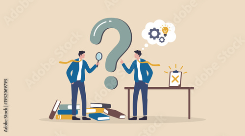 Two Businessmen Searching for Answers and Solving Problems with a Large Question Mark, Magnifying Glass, and Creative Idea Thought Bubble, Business Strategy, Research, and Innovation Concept.