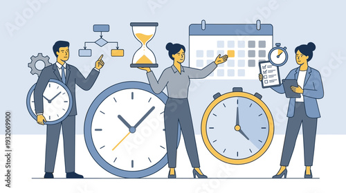 Business People Managing Time and Workflow Illustration with Clocks, Hourglass, and Calendar for Effective Planning, Productivity, and Efficiency in a Professional Office Environment Concept