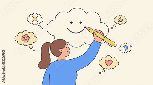 Mental health concept with a woman drawing a smiley face on a cloud, symbolizing positive thinking, optimism, and motivation for a happy life. Flat vector illustration of mindfulness and self-care.