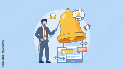 Vector illustration of a businessman with headset ringing a large golden bell for push notifications, subscription alerts, and marketing reminders on smartphones and digital mobile devices.