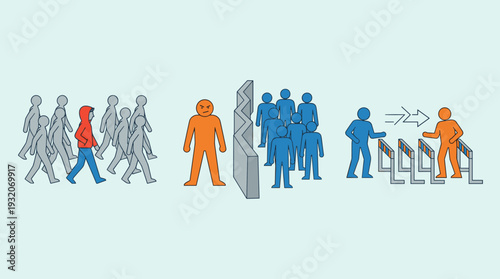 Vector Illustration of Individuality, Standing Out from the Crowd, Facing Opposition, and Overcoming Obstacles with People in Different Scenarios of Conflict and Non-Conformity