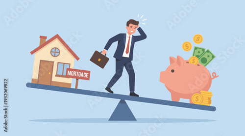 Stressed Businessman Balancing Mortgage Debt and Savings on a Seesaw Illustration; Concept of Financial Struggle, Home Loan, Real Estate Investment, Property Ownership and Money Management.