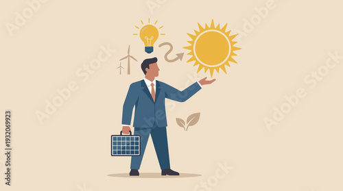 Businessman with solar panel briefcase and sun, illustrating renewable energy concept, green business innovation, sustainable power solutions, wind energy, and eco-friendly technology growth.