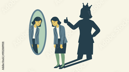 Self-esteem and self-care concept with a sad woman looking in a mirror while her shadow is a confident queen giving a thumbs up, symbolizing inner strength, empowerment, and positive mental health.