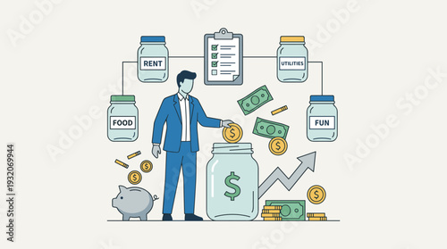 Personal Finance Management and Budget Planning Illustration with Businessman Putting Money in Savings Jar, Diversification of Expenses for Rent, Food, Utilities, and Fun, Financial Growth Vector