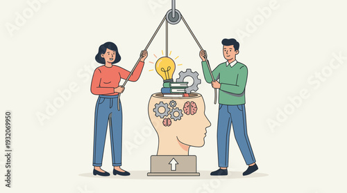 Vector illustration of man and woman putting light bulb, books, and gear into human head to improve work skills, knowledge sharing, education, and cognitive development for professional growth.