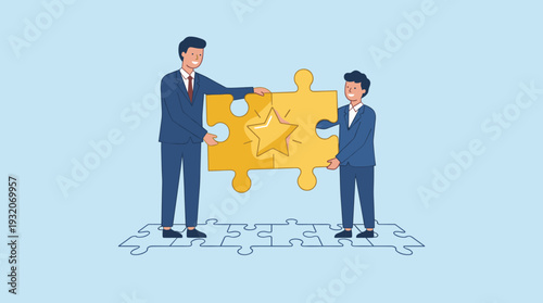 Two Businessmen Collaborating to Complete a Golden Star Jigsaw Puzzle, Representing Teamwork, Mentorship, Partnership, and Achieving Success in Corporate Environment, Vector Illustration Concept