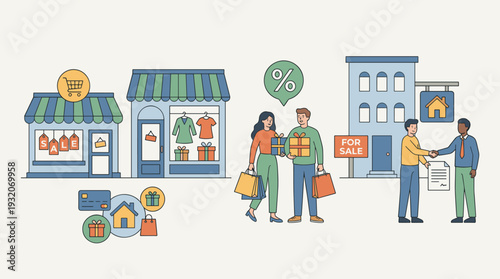 Flat style vector illustration showing retail shops with sale signs, people carrying shopping bags and gifts, real estate agents shaking hands for a house sale, and icons for commerce and finance.