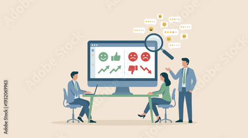 Business team analyzing customer sentiment and brand reputation on a large monitor with positive and negative feedback icons, star ratings, and data charts for market research and strategy.