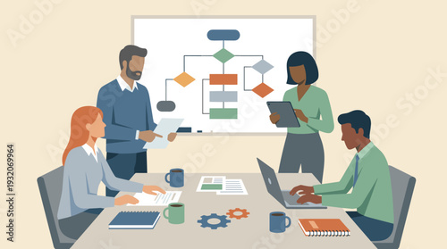 Diverse business team collaborating in a meeting room, planning strategy with a flowchart on a whiteboard, using laptops and tablets for project management and workflow optimization flat vector.