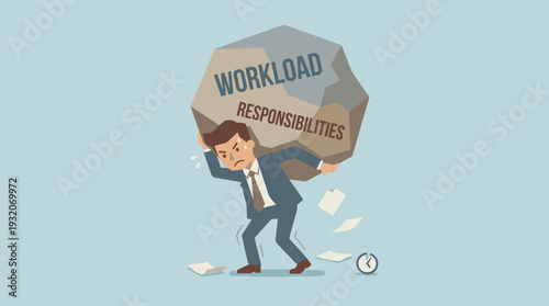 Overworked businessman struggling under a heavy rock of workload and responsibilities, vector illustration of professional stress, burnout, pressure, and time management issues in the office.
