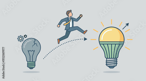 Businessman jumping from a broken old lightbulb to a bright new LED bulb, symbolizing innovation, change management, transition to better ideas, business growth, and creative problem solving.