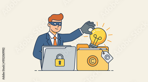Businessman in a mask stealing a glowing light bulb idea from a folder with a copyright symbol, metaphor for intellectual property theft, plagiarism, and corporate copyright infringement.