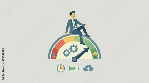 Businessman sitting on top of a performance efficiency meter gauge, concept of working smart not hard, productivity optimization, business motivation, time management, flat vector illustration.