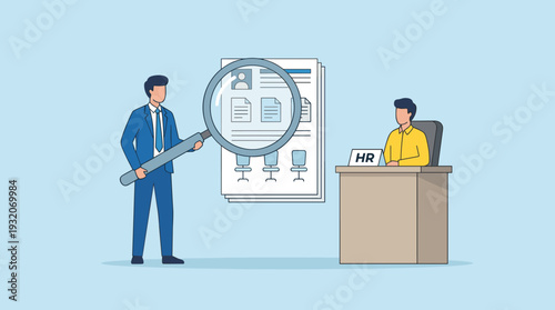 Professional businessman using a large magnifying glass to examine a CV resume for a job vacancy. Human resources recruitment concept with HR manager at desk. Candidate selection and hiring.