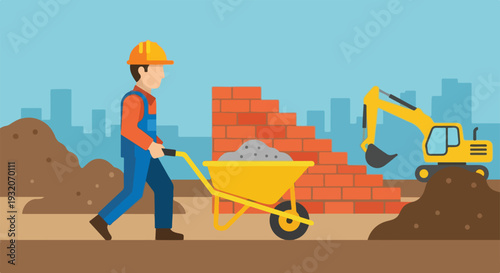 A construction worker pushes a wheelbarrow full of materials past a growing brick wall and an excavator at a construction site with a cityscape in the background.