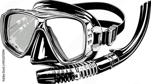 A black and white illustration of snorkeling equipment including a mask and snorkel