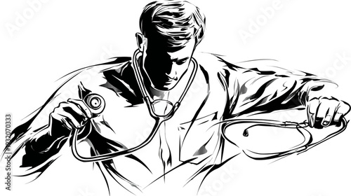A grayscale illustration of a person holding a stethoscope, focused, in medical attire
