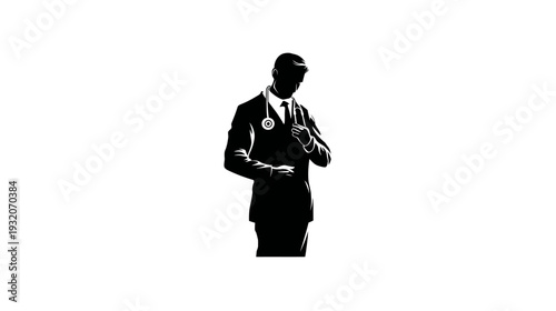 A doctor in a suit with a stethoscope looking down, in a black and white silhouette