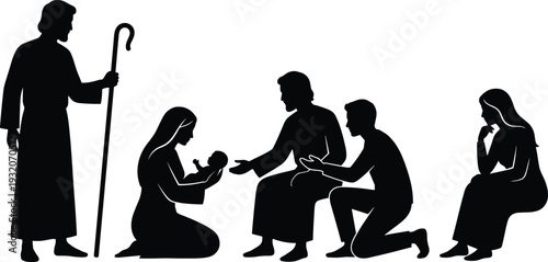 Biblical nativity visitation silhouette featuring shepherd, Mary holding baby Jesus, Joseph and wise figures, black vector religious illustration isolated on white background.