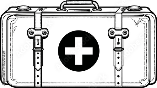 A medical kit in a rectangular shape with black and white coloring. Features a white cross on a circle