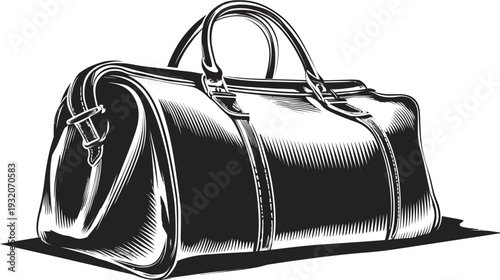 Black and white illustration of a large, rectangular duffel bag with handles and detailing