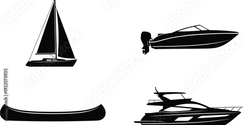 Boat silhouette collection featuring sailboat, speedboat, canoe and luxury yacht, black vector watercraft icons isolated on white background for marine and nautical design.